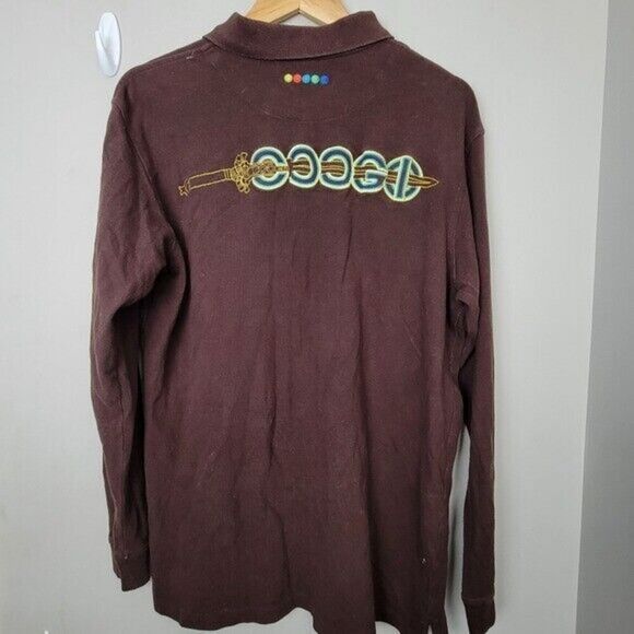 Coogi Mens Long Sleeve Brown Rugby Polo with Embroidery Dragon Bird Swords XL - Picture 1 of 6